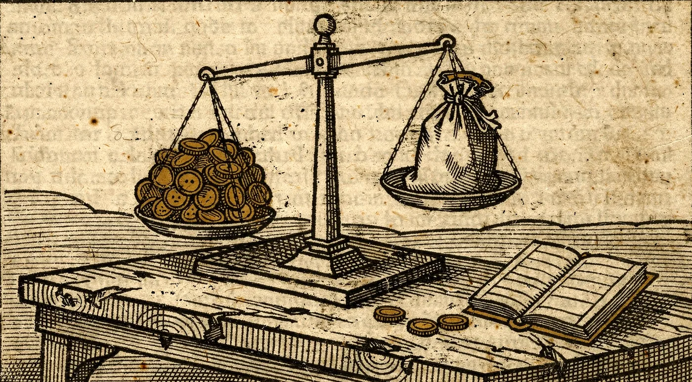 Woodcut print of a balance scale weighing a heap of gold coins against a cloth sack