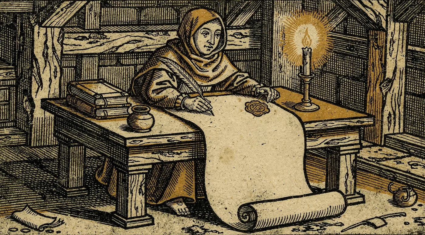 Woodcut print of a hooded scribe writing a long scroll by gold candlelight