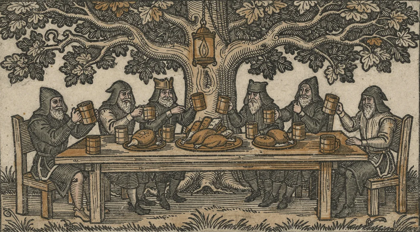 Woodcut print of hooded outlaws feasting at a long table under an oak, raising tankards, a gold lantern in the branches