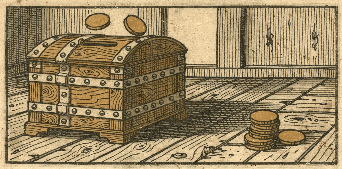 Woodcut print of an iron banded oak alms chest with a coin slot, gold coins falling toward it