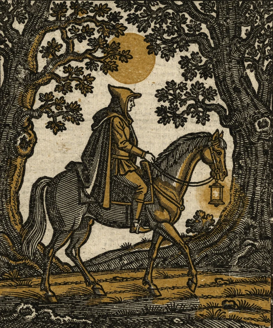 Woodcut print of a hooded rider carrying a gold lantern through the forest at night
