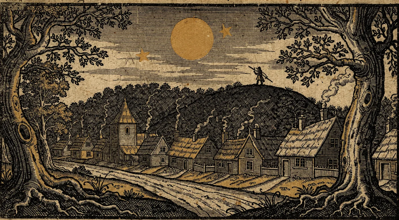 Woodcut print of a village below a forested hill, a hooded archer standing on the ridge under a gold moon